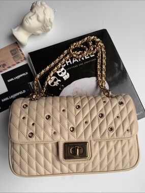 Karl Lagerfeld Paris Agyness Convertible Shoulder Bag in Cream and Gold